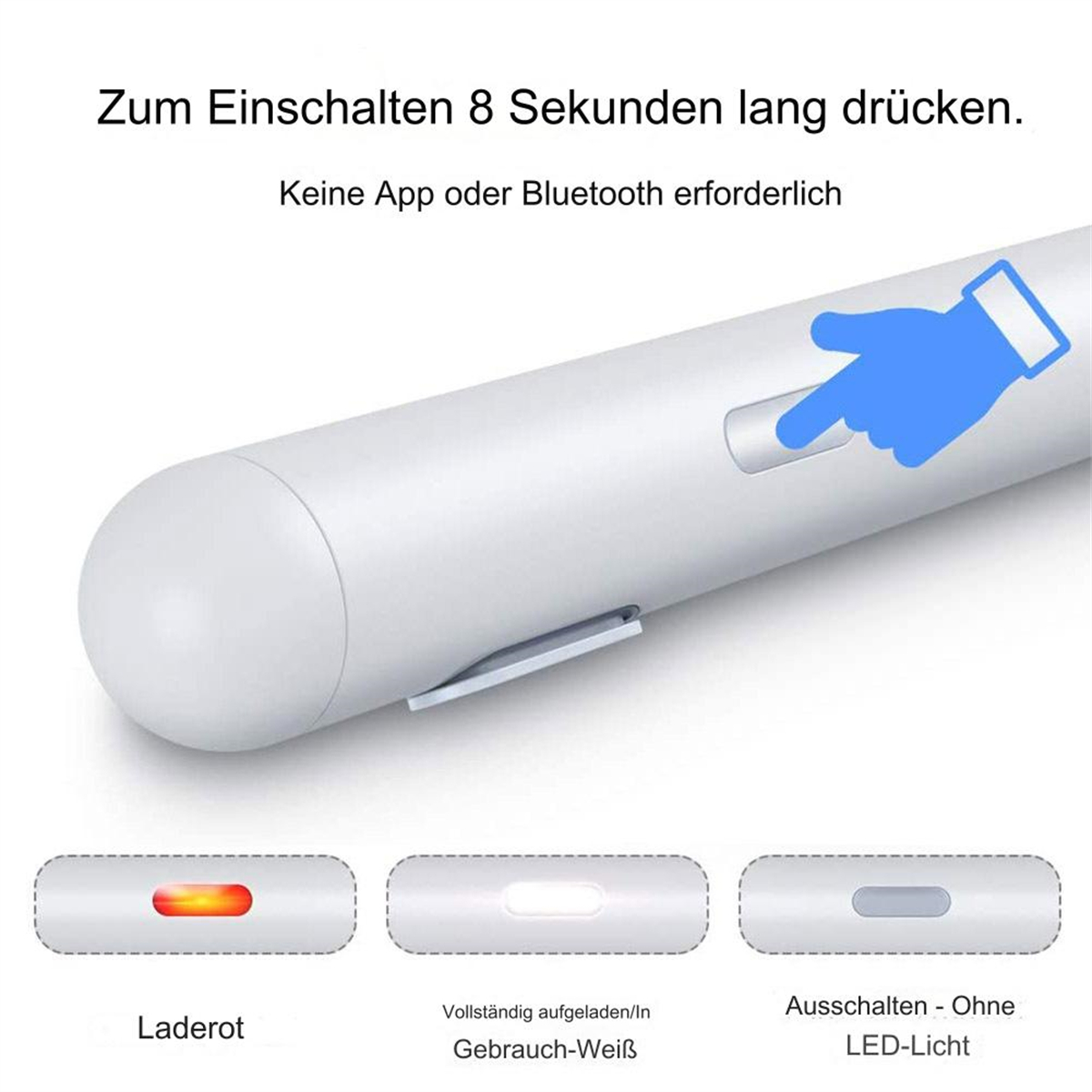 Weißes Gerät mit Taste, Kontrollleuchten und Text.