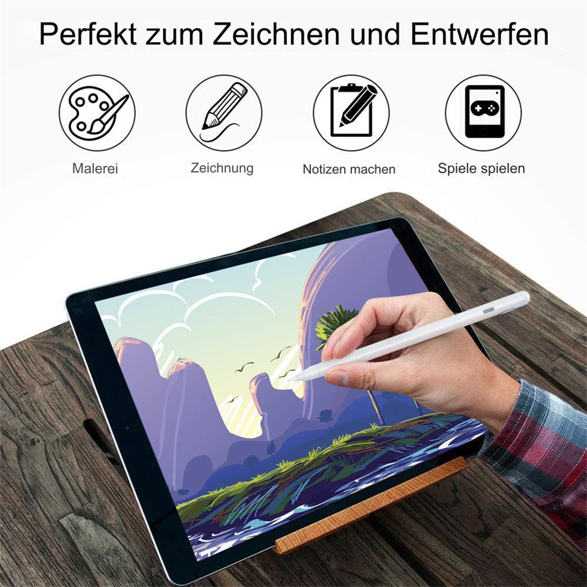 Eine Person, die einen weißen Stift auf einem Tablet verwendet, mit Symbolen für Malen, Zeichnen und Notizen oben.