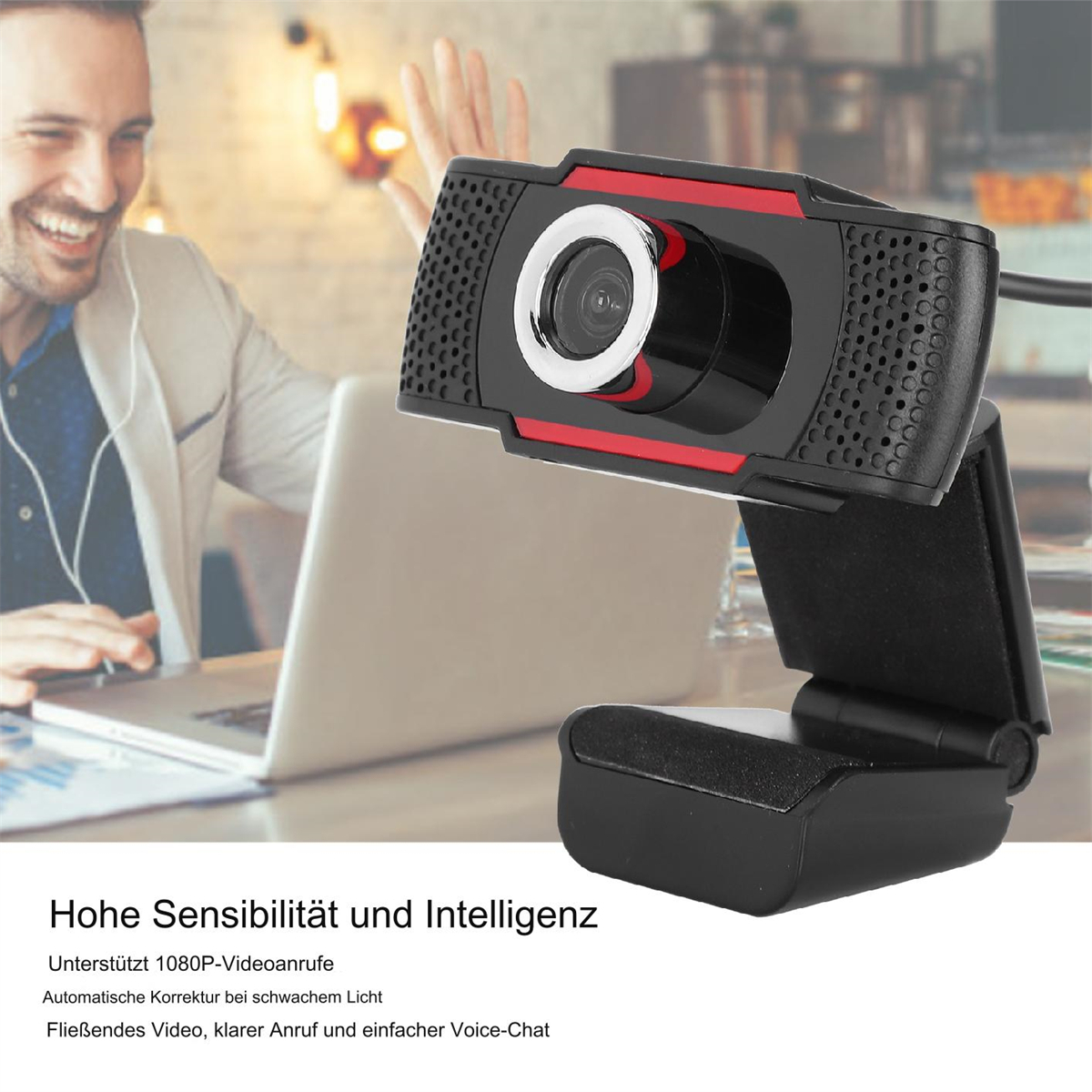 Schwarze Webcam mit roten Akzenten. Sie ist auf einem schwarzen Ständer montiert, mit unscharfem Hintergrund.
