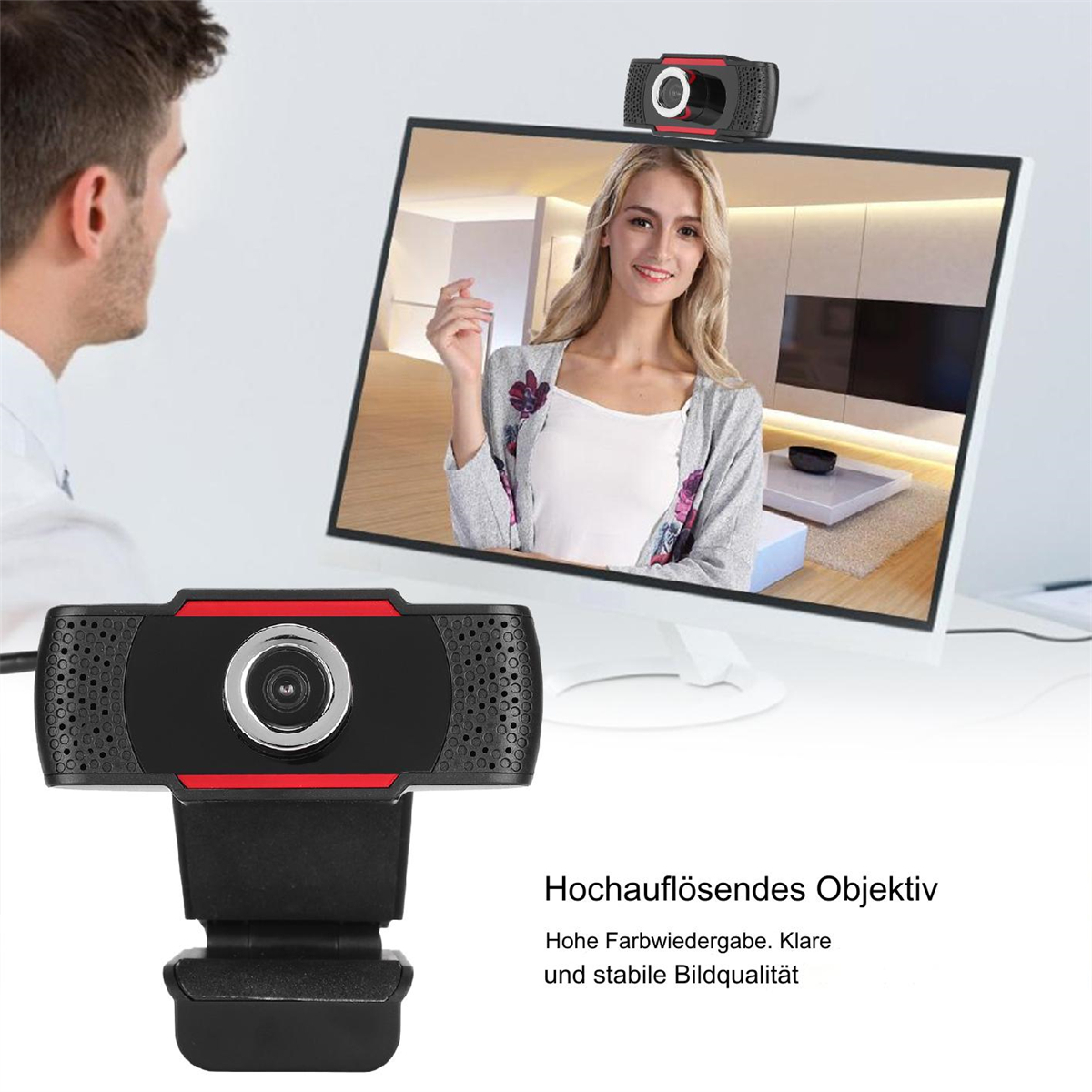 Webcam mit roten Akzenten. Eine Frau ist auf dem Computermonitor, und ein Mann schaut darauf.