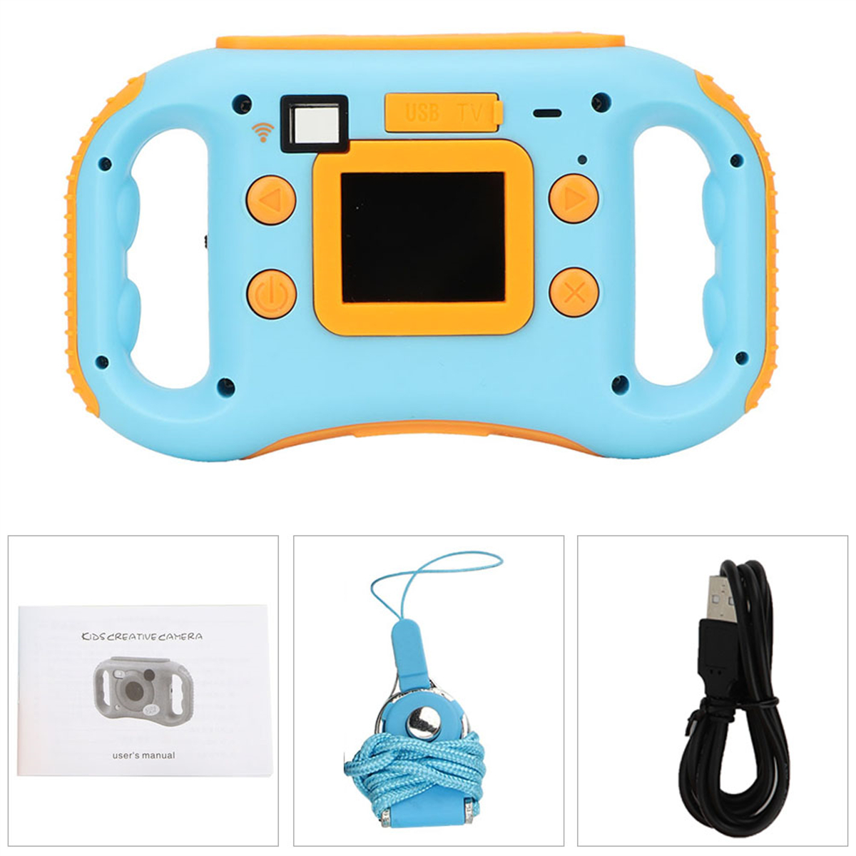Blaue und orange Kinderkamera mit Zubehör.