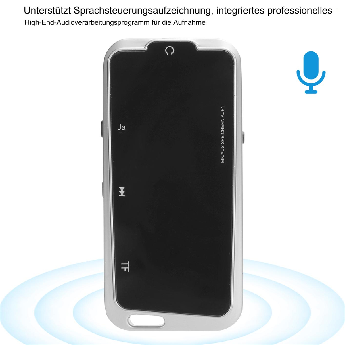 Silberner Sprachrekorder mit schwarzem Bildschirm, weißer Hintergrund, Text im Bild.