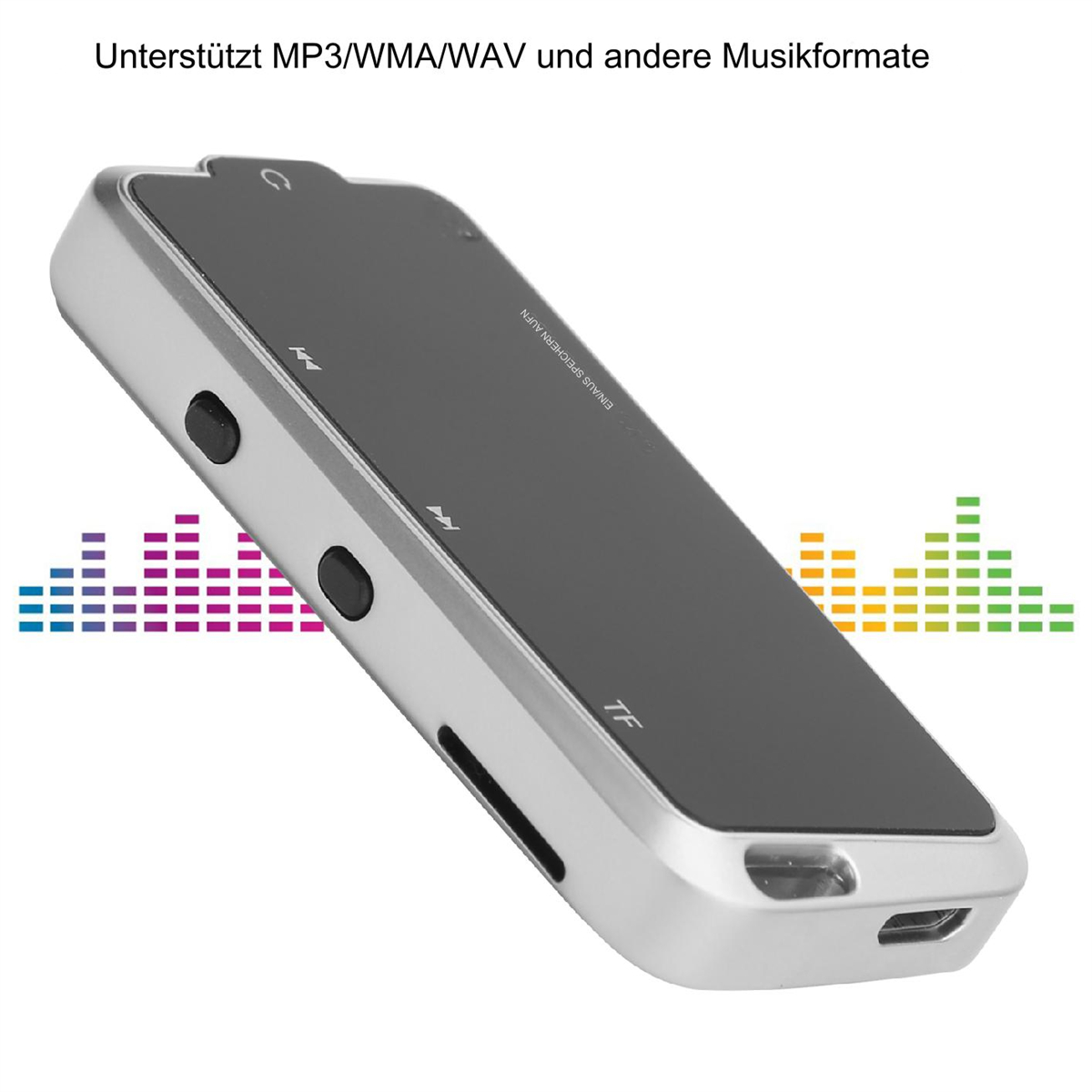 Ein silberner MP3-Player mit Knöpfen und einem Bildschirm, mit farbenfrohen Klangwellen.