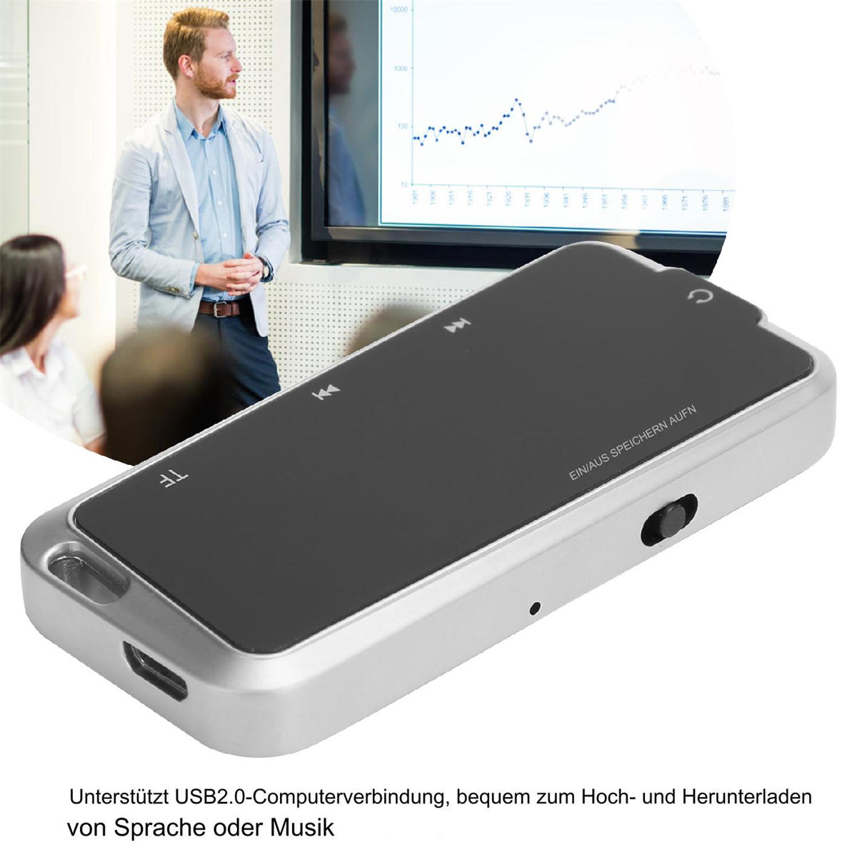 Person hält silbernes Aufnahmegerät in einem Meeting, mit Diagramm im Hintergrund.