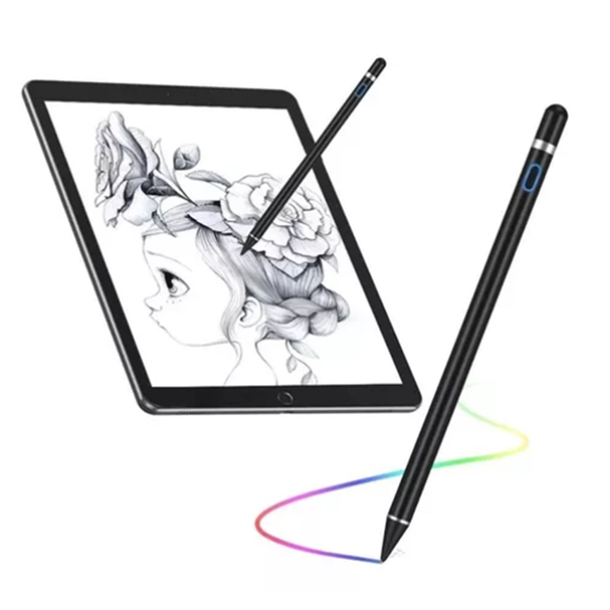 Tablet mit Blumenzeichnung und zwei schwarzen Stiften, einer zeichnet Regenbogenlinie.