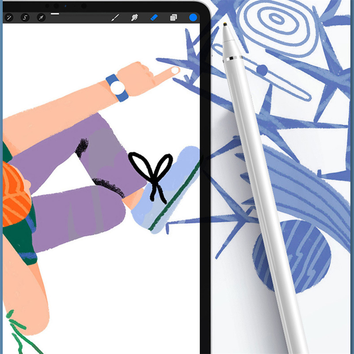 Eine Person zeichnet mit einem Stift auf einem Tablet. Die Zeichnung besteht aus blauen Formen.