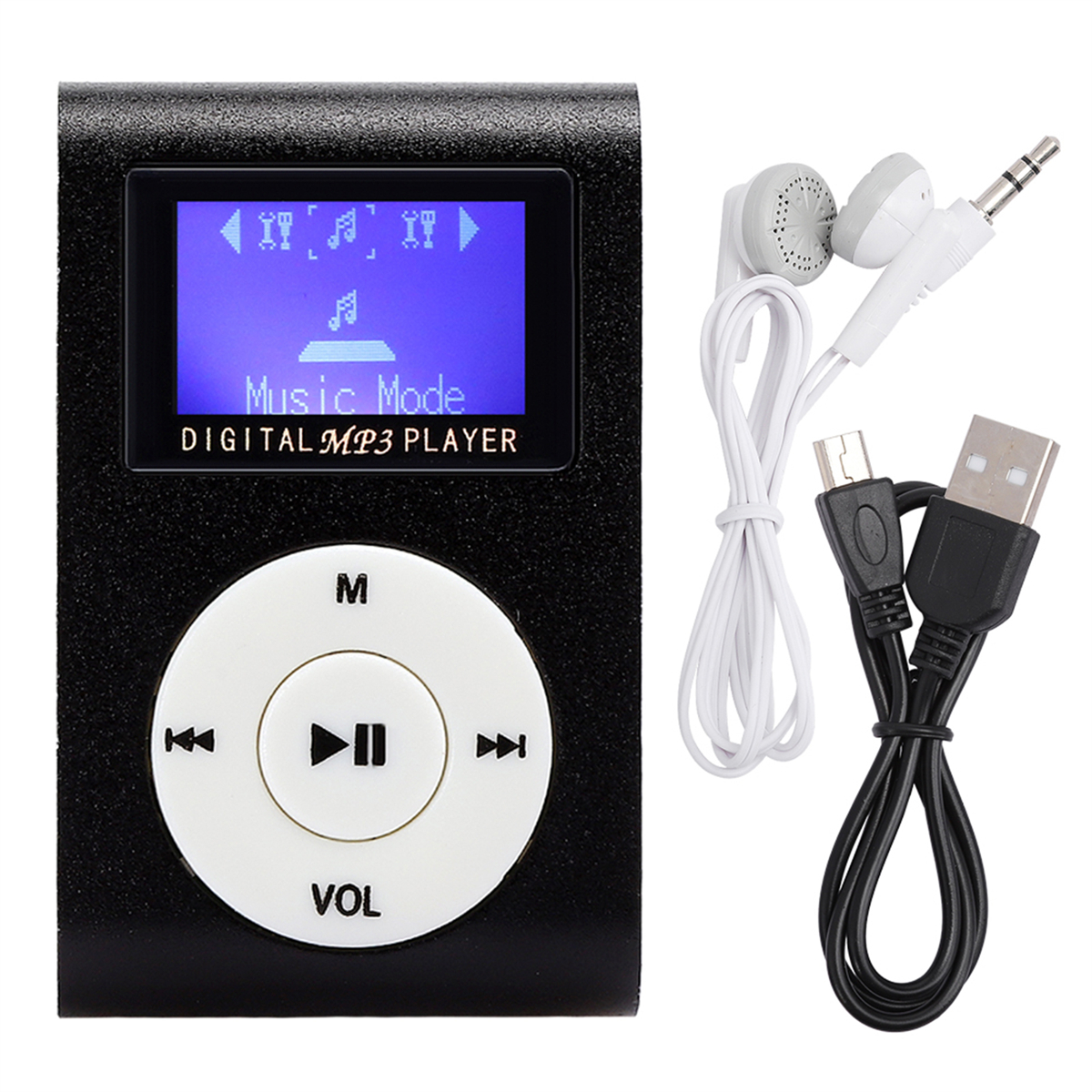 Schwarzer MP3-Player mit Bildschirm, Tasten und Kopfhörern. Enthält ein Ladekabel.