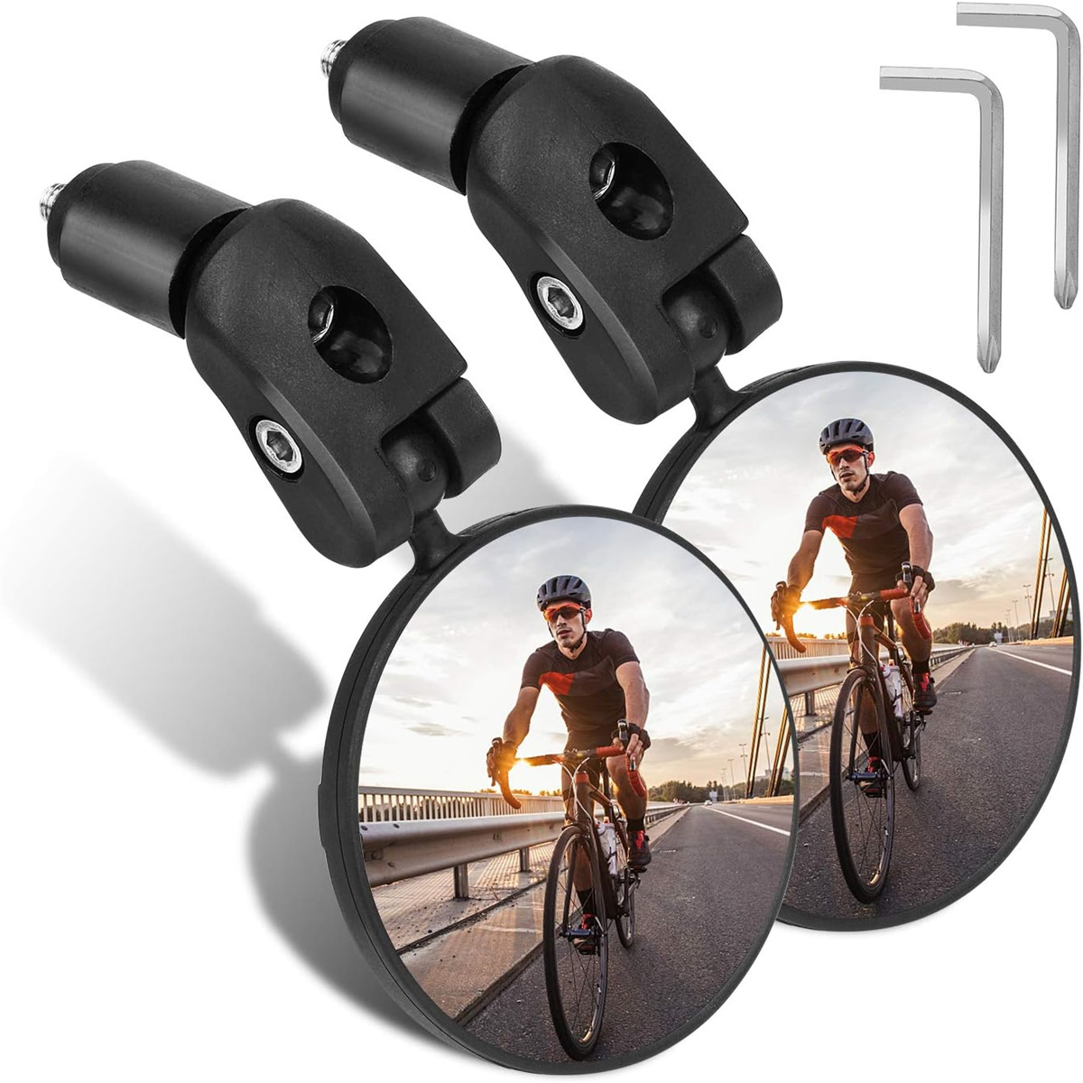 Zwei Fahrradspiegel mit einem Radfahrer in jedem Spiegel. Inbusschlüssel sind ebenfalls sichtbar.