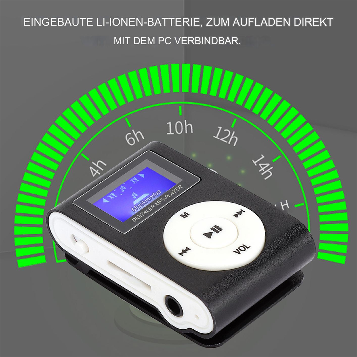 Ein schwarzer MP3-Player mit Bildschirm, weißen Tasten und grüner Ladeanzeige.