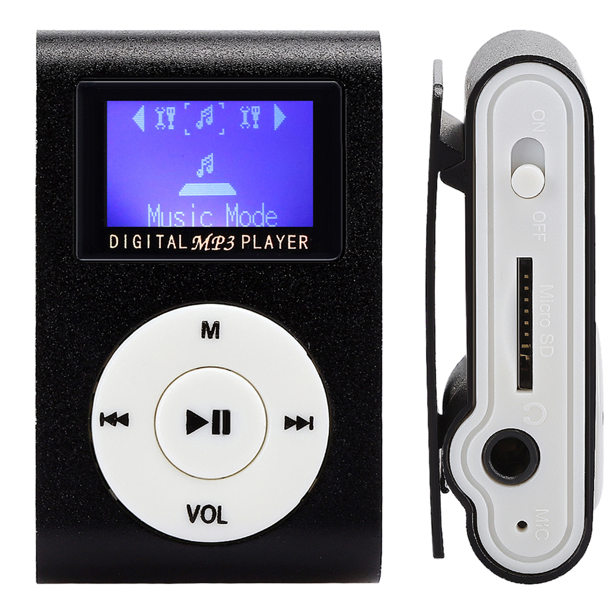 Ein schwarzer digitaler MP3-Player mit Knöpfen, einem Bildschirm und einem Seitenclip. Mit Wiedergabe/Pause.