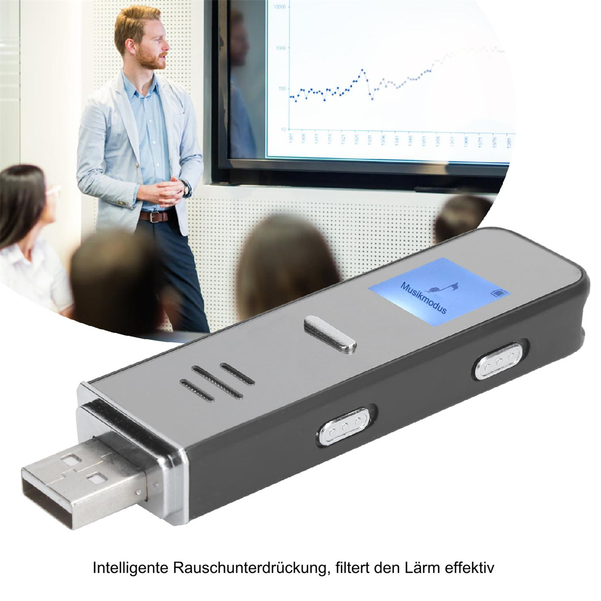 Ein silberner USB-Musikplayer mit einem Bildschirm, der den Musikmodus anzeigt.