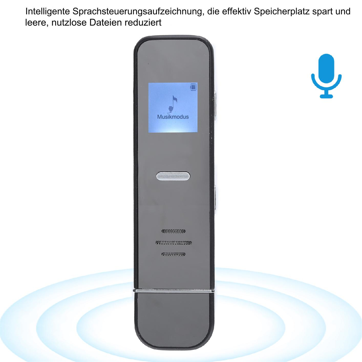 Ein schwarzes Aufnahmegerät mit kleinem Bildschirm, der 'Musikmodus' anzeigt.