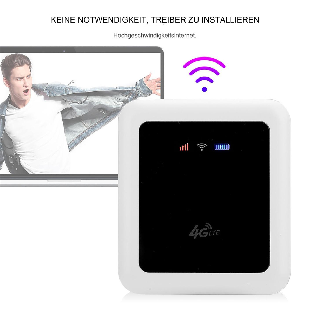 Weißer 4G LTE mobiler WLAN-Router. Zeigt Signalstärke und Akku. Mann auf einem Bildschirm im Hintergrund.