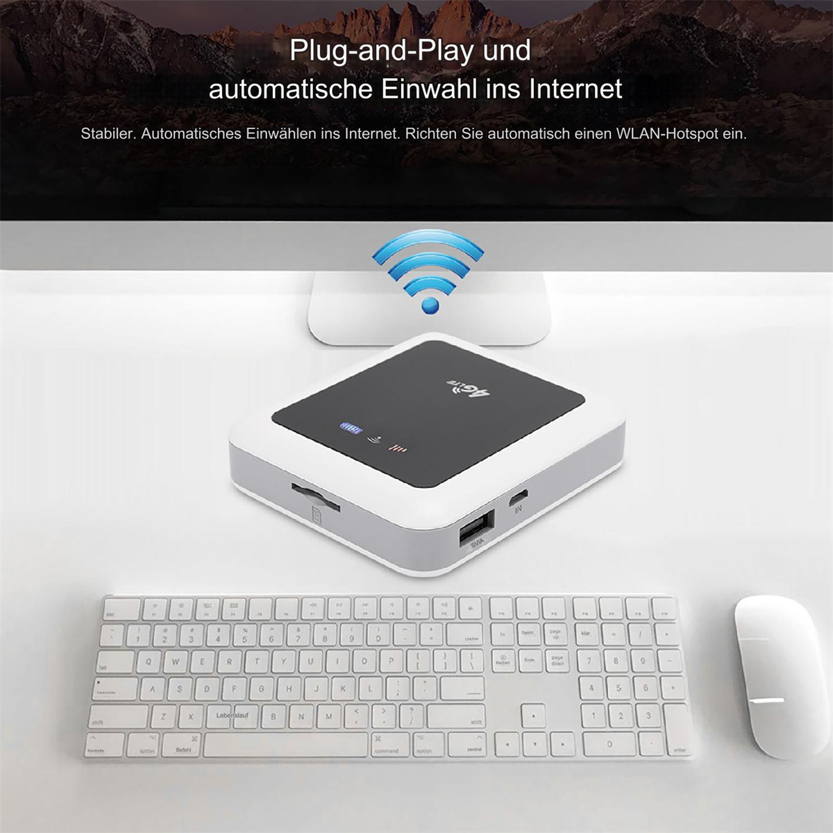 Weiße Tastatur, Maus und ein schwarz-silbernes Gerät mit WLAN-Symbol. Text: Plug and Play.