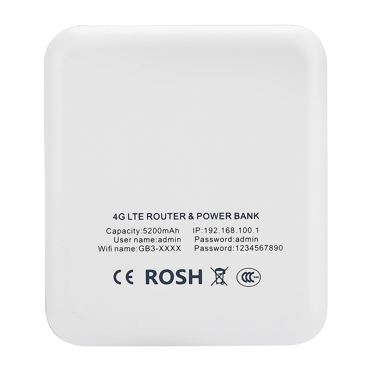 Weißer 4G LTE Router und Powerbank mit Text: Kapazität, Benutzername, Wifi Name.