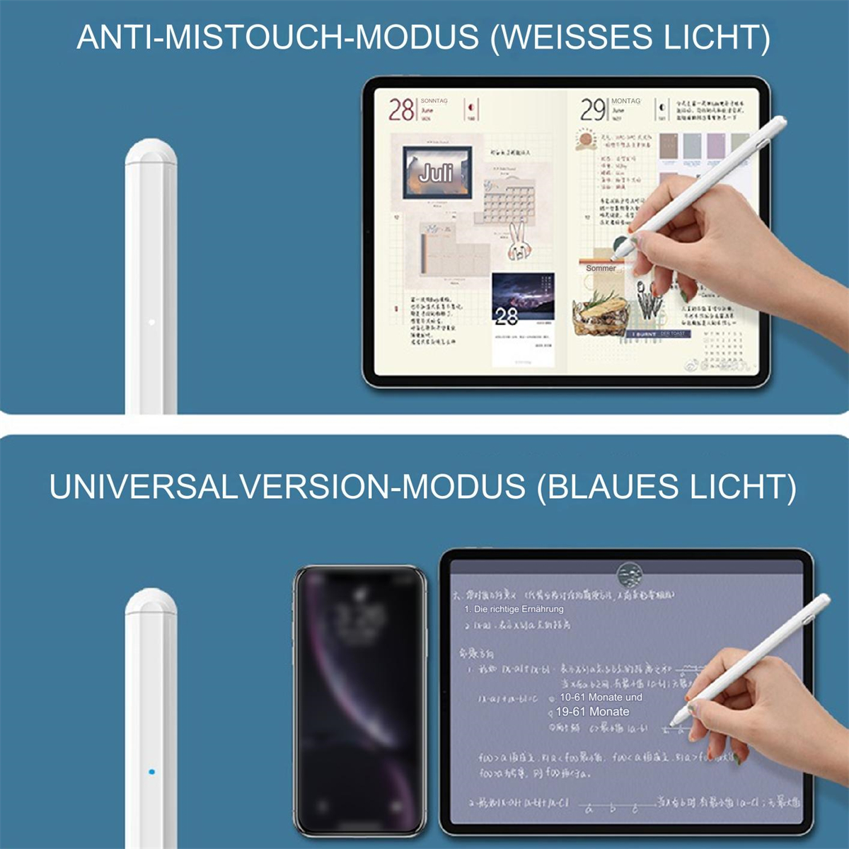 Ein weißer Stift und ein Tablet mit Notizen auf einem Schreibtisch. Das Tablet hat zwei Modi, weißes und blaues Licht.