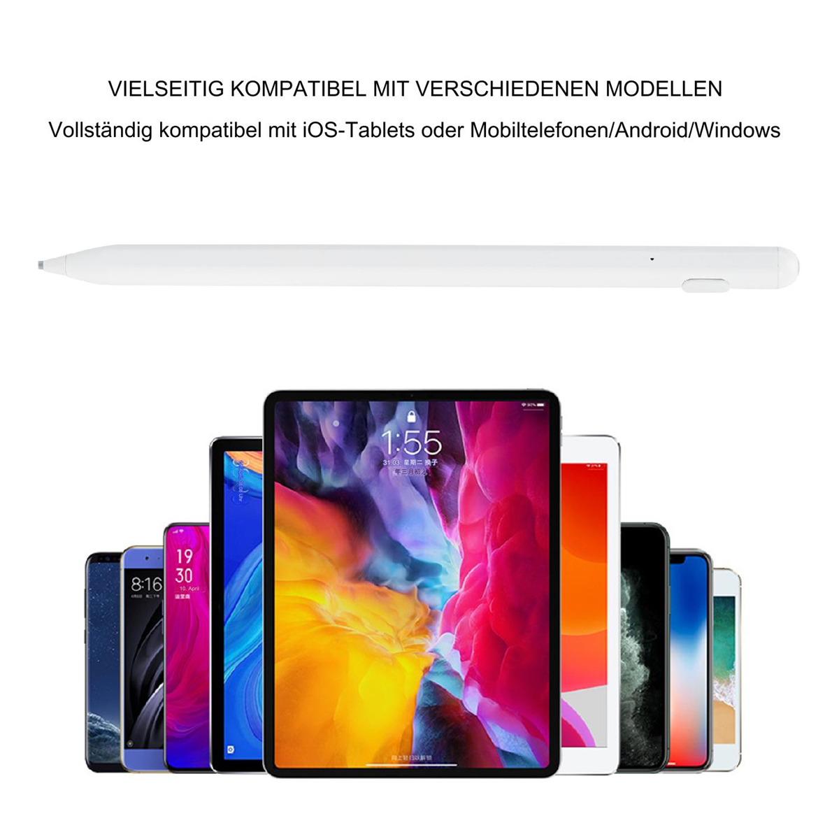 Weißer Stift und Telefone. Der Hintergrund ist weiß.
