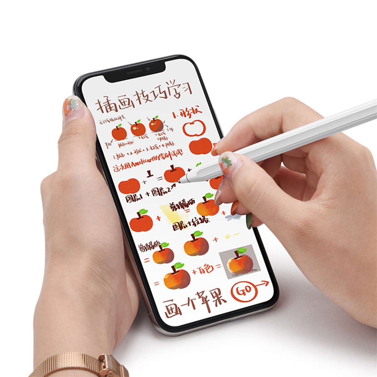 Eine Person zeichnet einen Apfel auf einem Telefonbildschirm mit einem Stift, Diagramm mit Text.