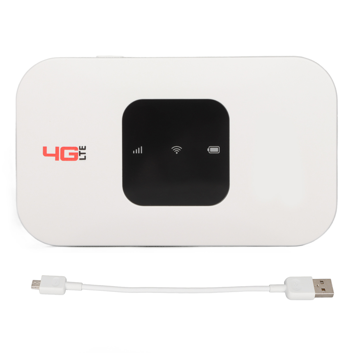 Ein weißer 4G LTE Router mit schwarzem Bildschirm und USB-Kabel.