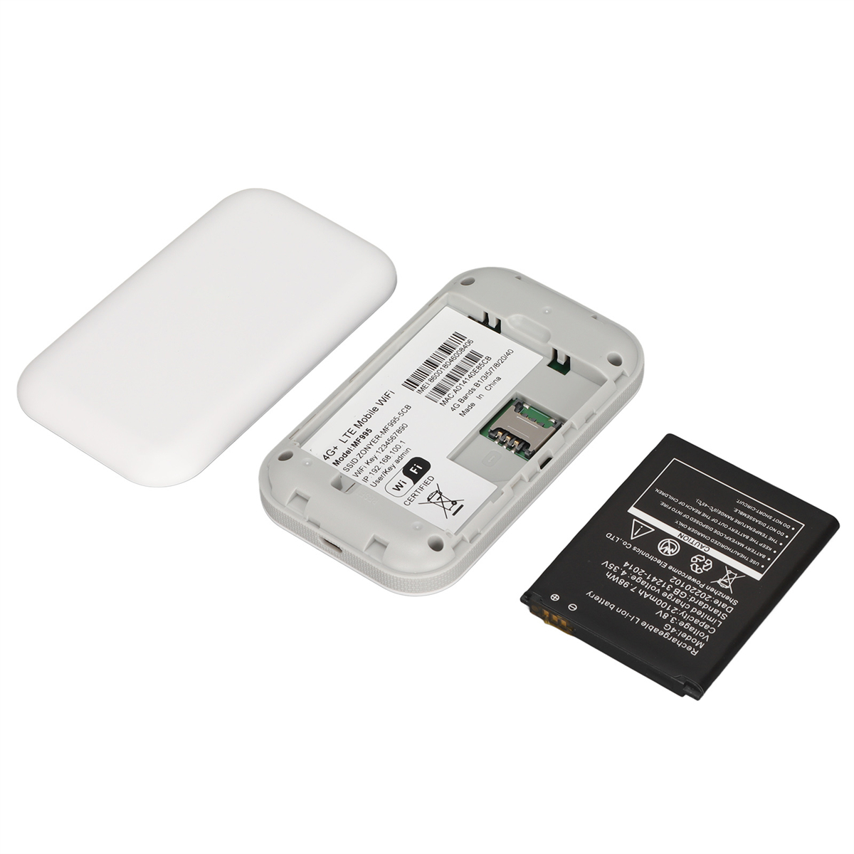 Weißes und graues mobiles WLAN-Gerät mit offenem Fach und Akku.