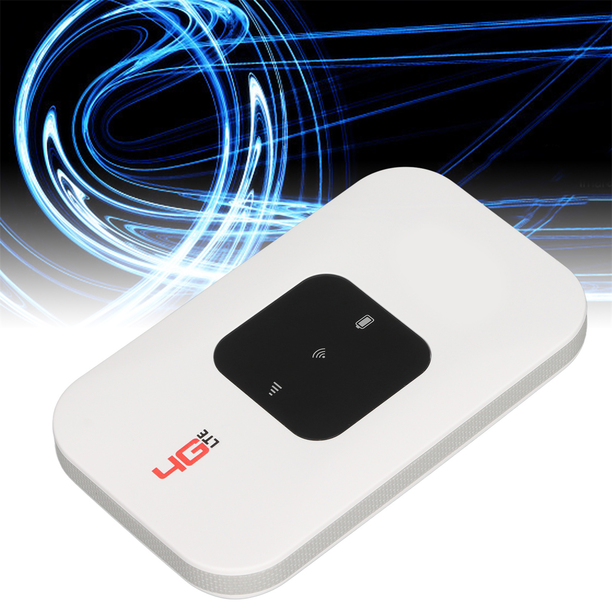 Ein weißer 4G LTE mobiler WLAN-Router auf einem schwarz-blauen Hintergrund.