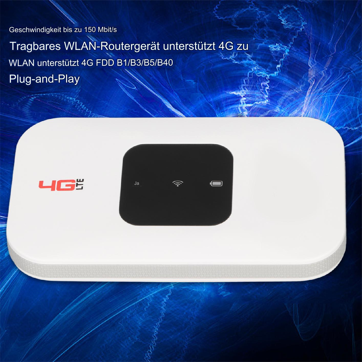 Ein weißer WLAN-Router mit schwarzem Mittelteil. Der Text oben lautet 4G LTE.