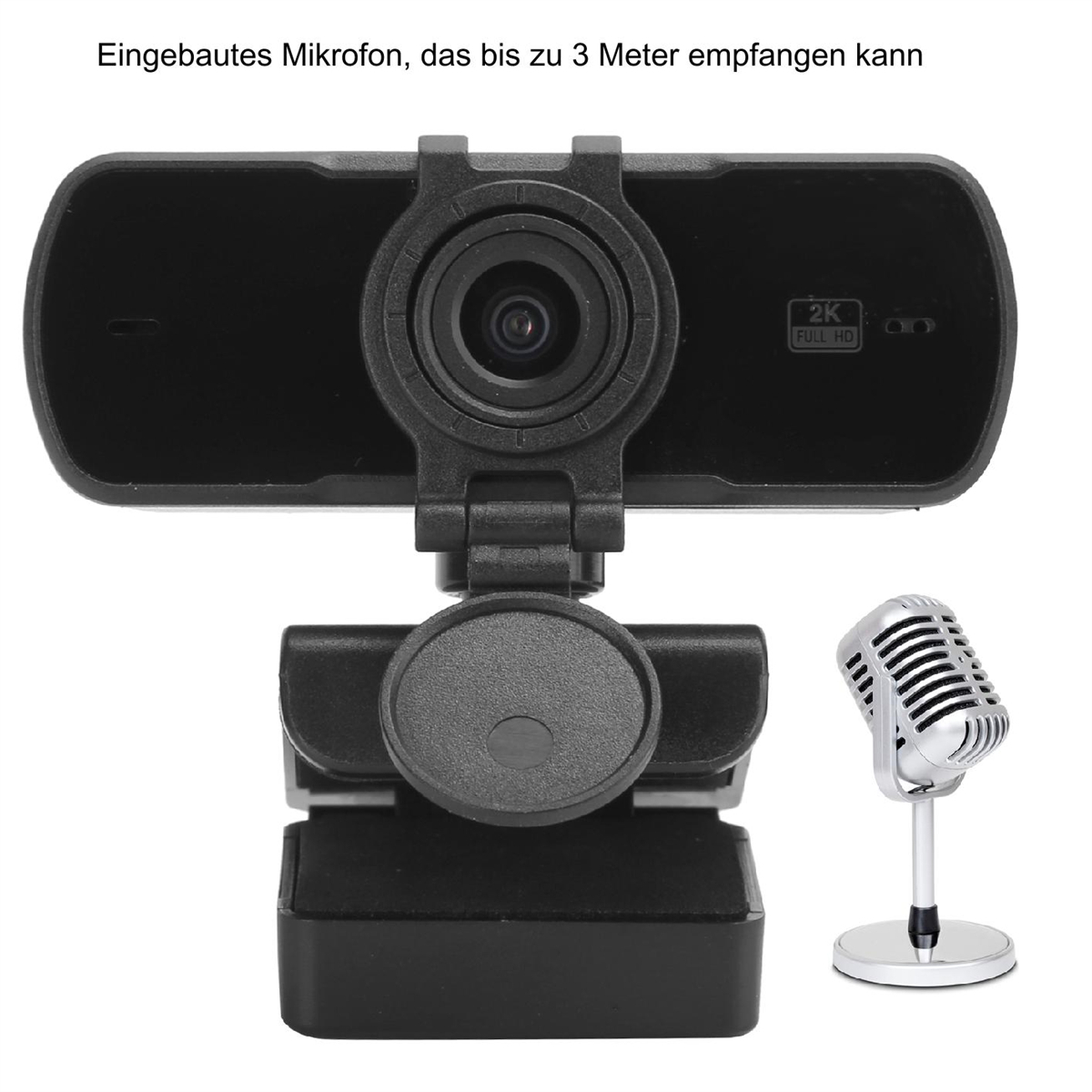 Eine Webcam mit separatem Mikrofon. Die Webcam ist schwarz, das Mikrofon ist silber.