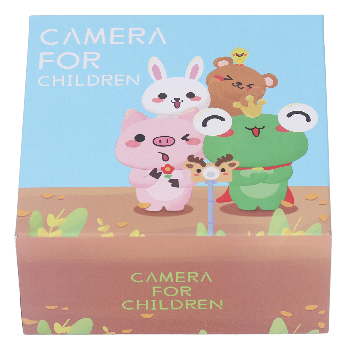 Eine Box für eine Kamera für Kinder. Die Box hat Cartoon-Tiere auf der Vorderseite aufgedruckt.