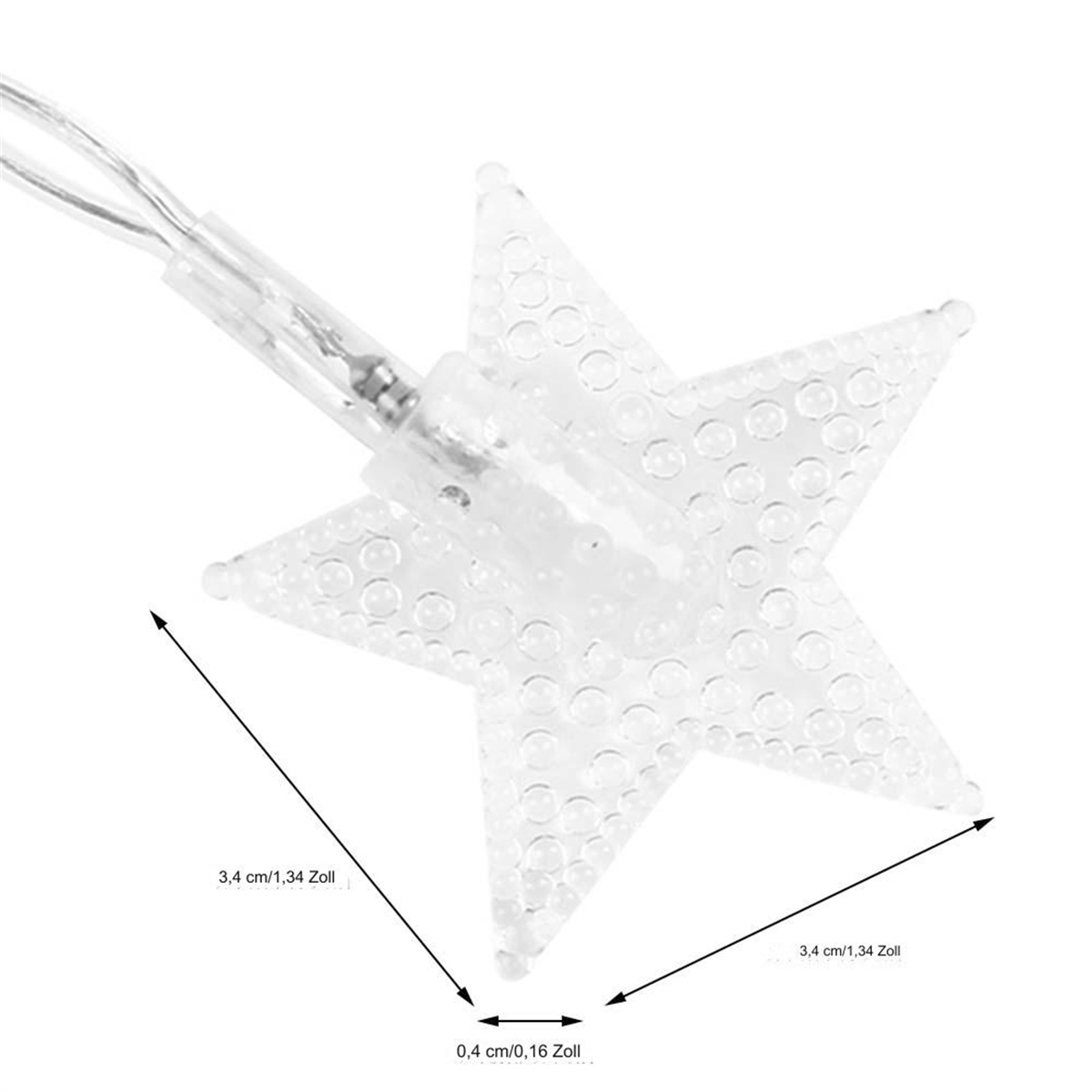 Weißes sternförmiges Licht mit Messungen: 3,4 cm/1,34 Zoll breit, 0,4 cm/0,16 Zoll dick.