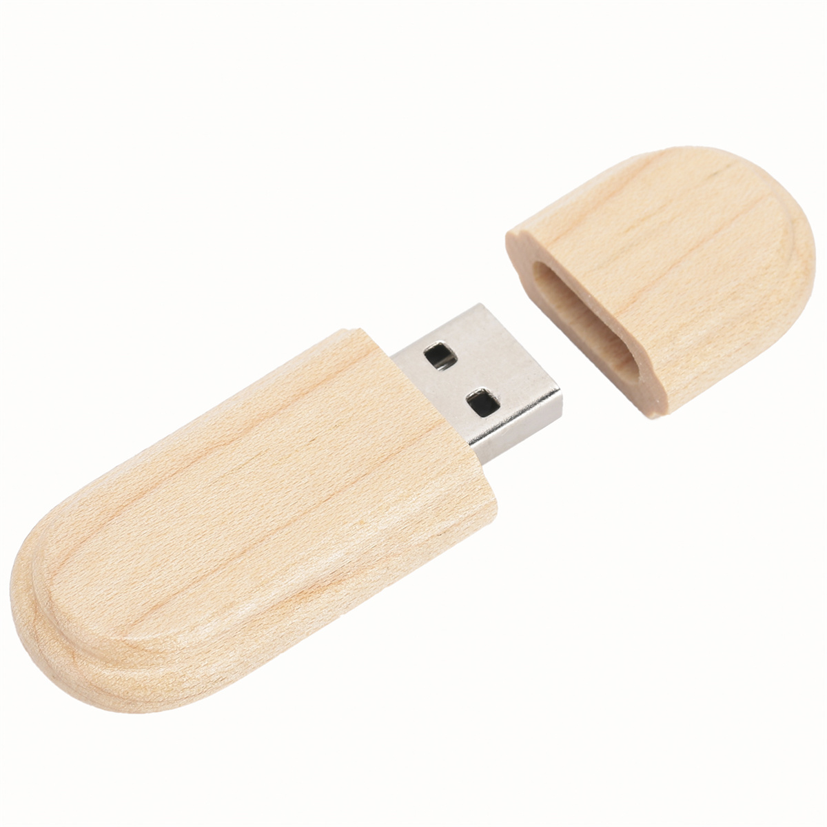 USB-Stick aus Holz, Kappe entfernt, zeigt Metallanschluss.