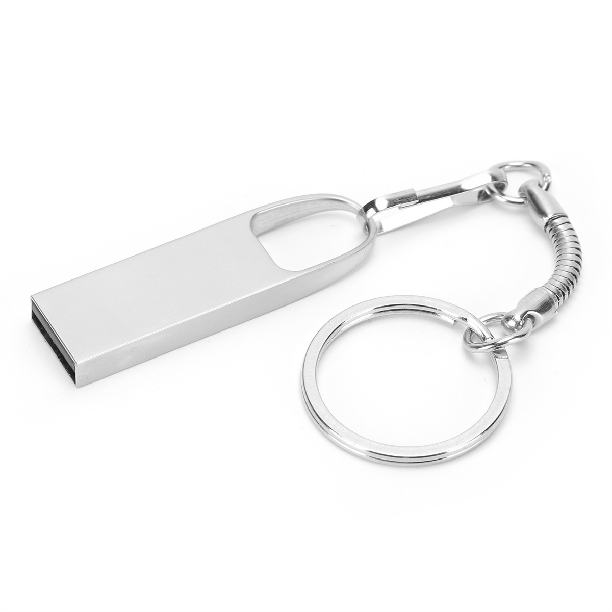Silberner USB-Stick an einem Schlüsselring auf weißem Hintergrund.