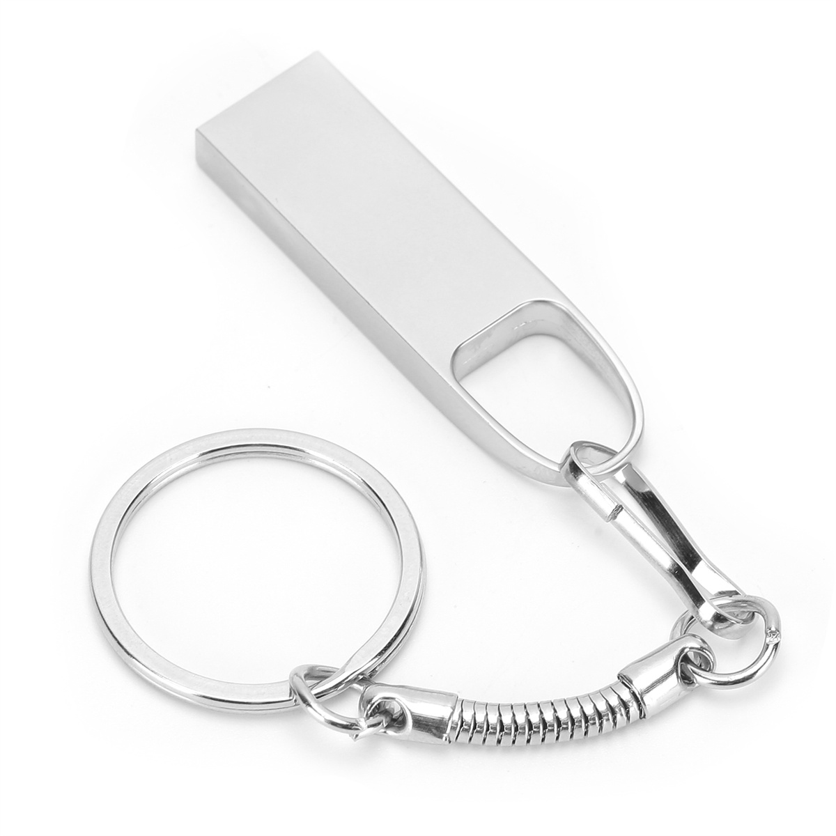 Ein silberner USB-Stick mit einem Schlüsselanhängerring. Einfaches Design, glänzendes Metall.
