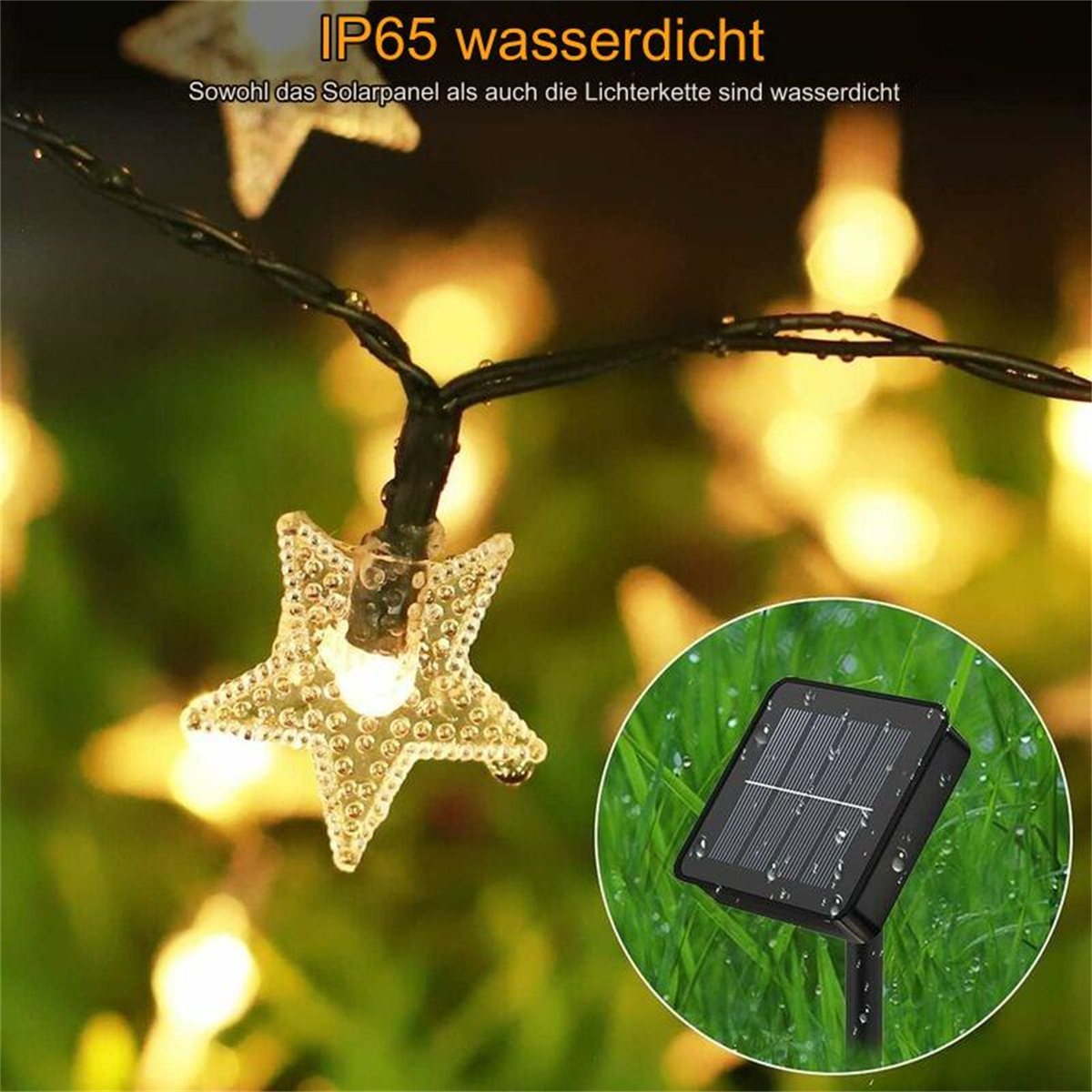 Lichterkette mit sternförmigen Lichtern und Solarpanel in einer grasbewachsenen Fläche.