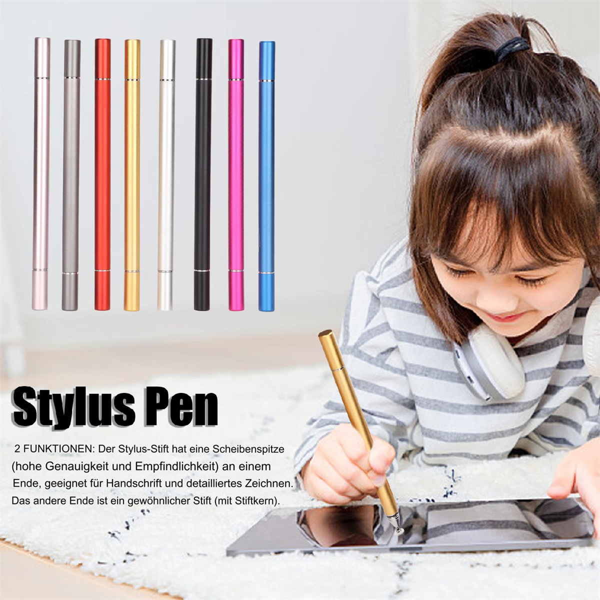 Stylus-Stifte in verschiedenen Farben, mit einem Kind, das einen auf einem Tablet verwendet.