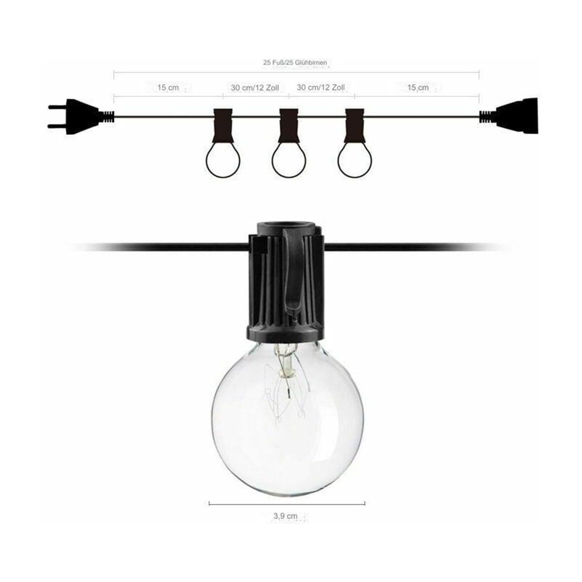 Diagramm einer Lichterkette mit drei Glühbirnen. Der Boden zeigt eine einzelne Glühbirne.