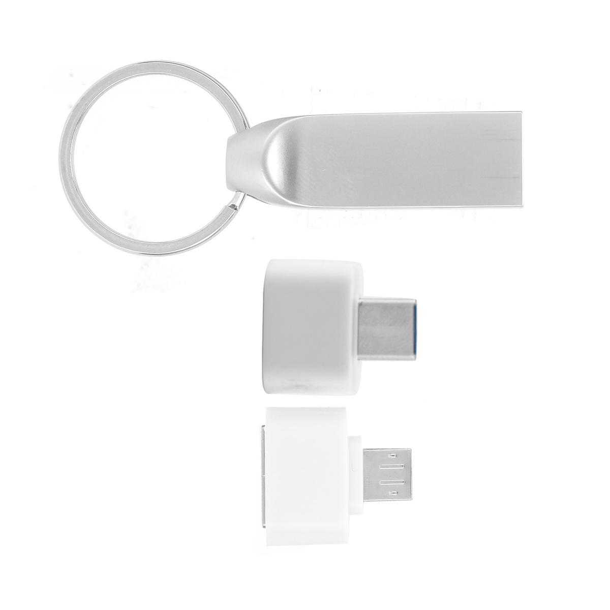 Silberner USB-Stick mit Schlüsselring. Weißer Hintergrund.