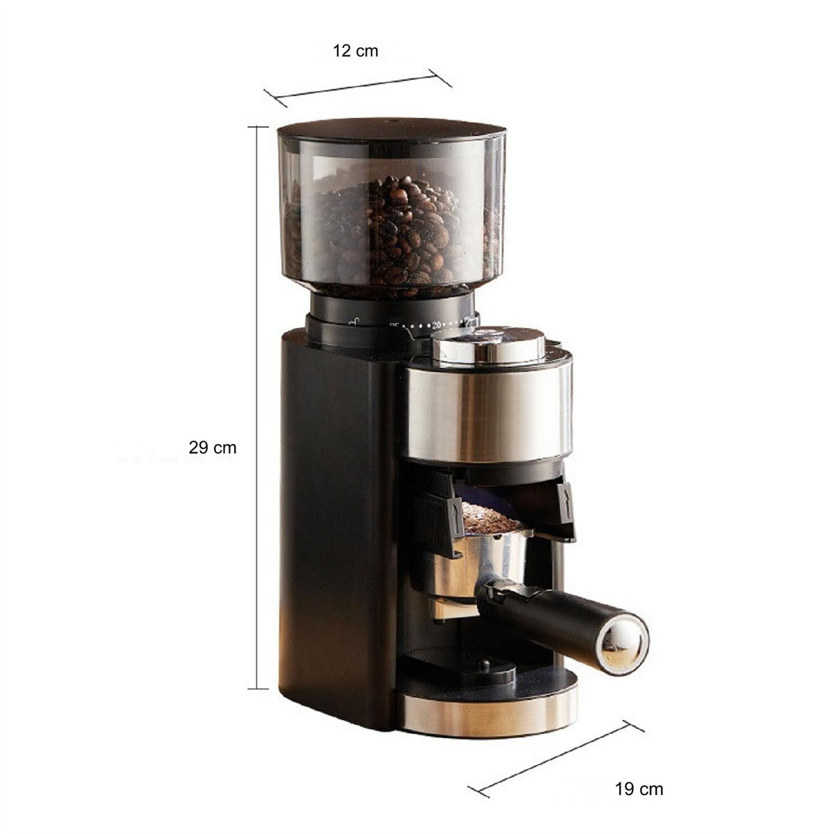 Schwarze und silberne Kaffeemühle mit einem Bohnenbehälter oben und einem Griff für den Siebträger.