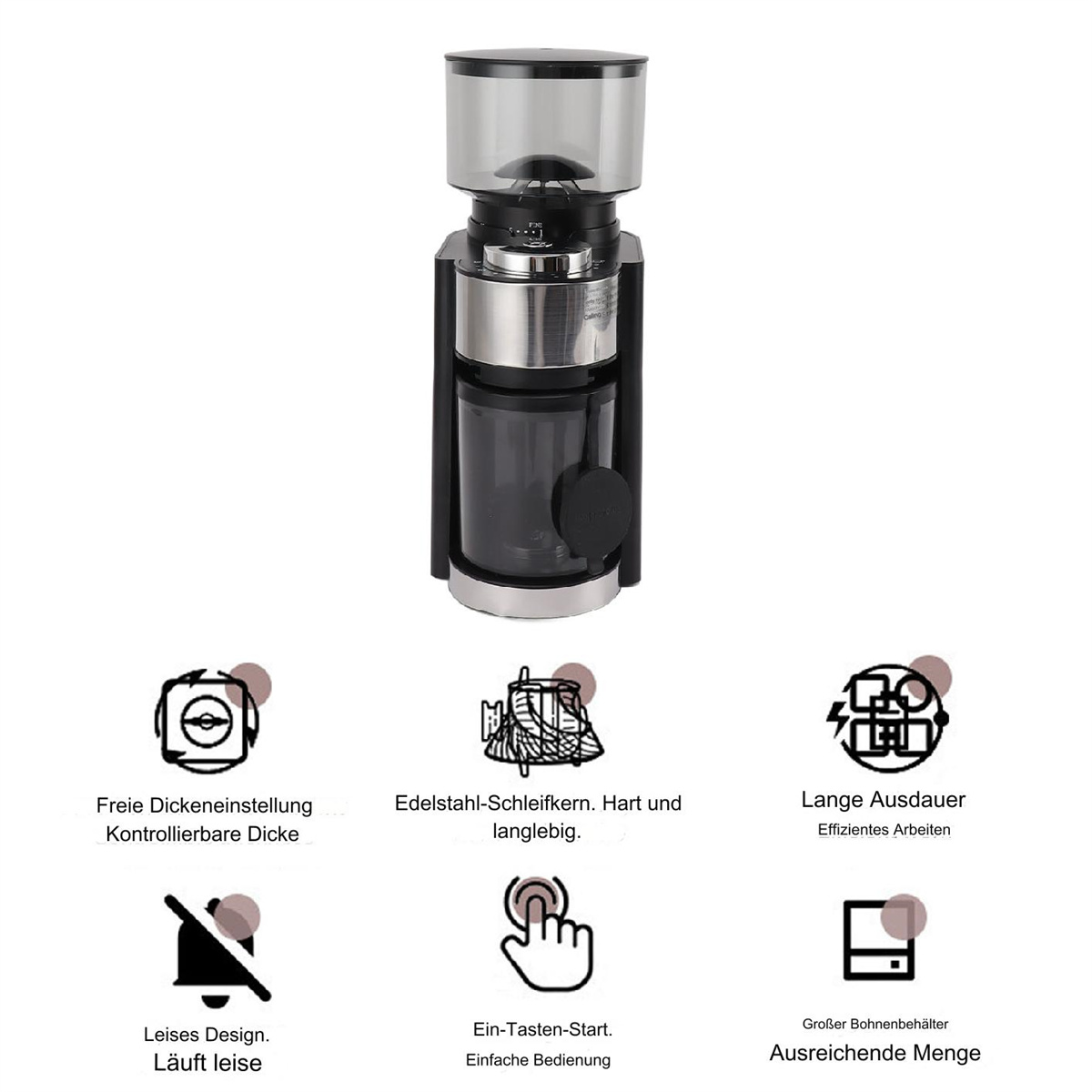 Kaffeemühle mit transparentem Bohnenbehälter, schwarzem und silbernem Gehäuse, mit Funktionssymbolen.