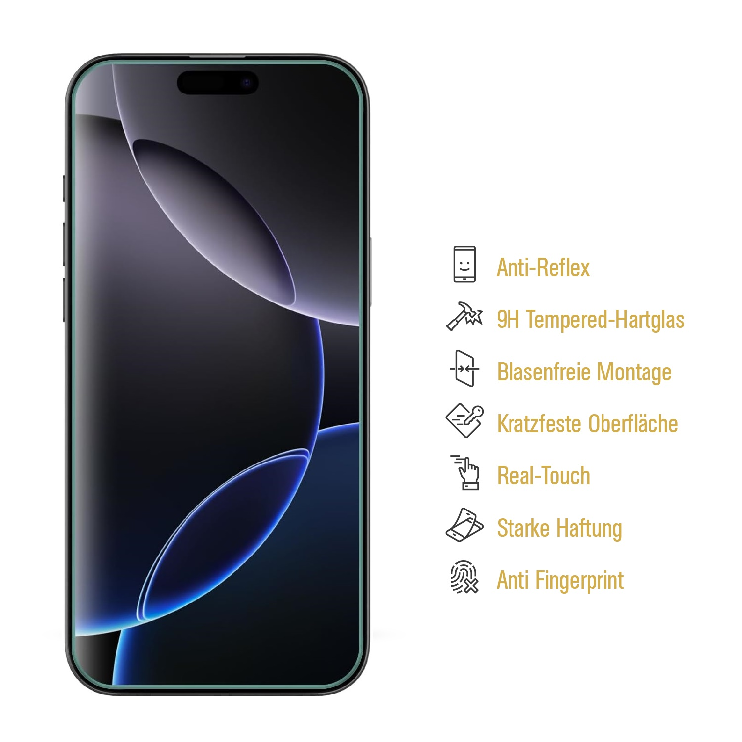 Grünes Smartphone mit Schutzfunktionen, die durch Symbole auf weißem Hintergrund angezeigt werden.