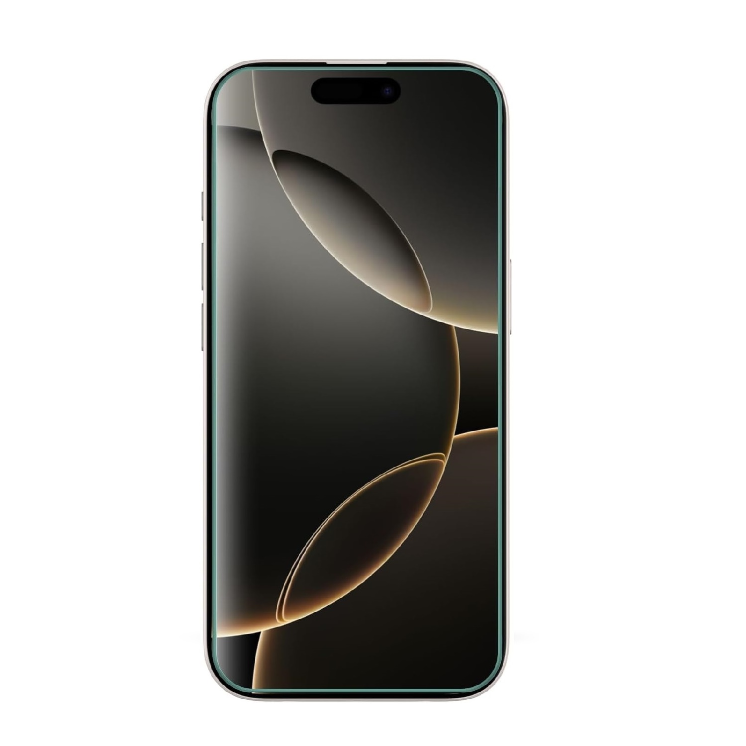 Ein modernes Smartphone mit schwarzem Bildschirm, umgeben von einem goldfarbenen Rahmen.