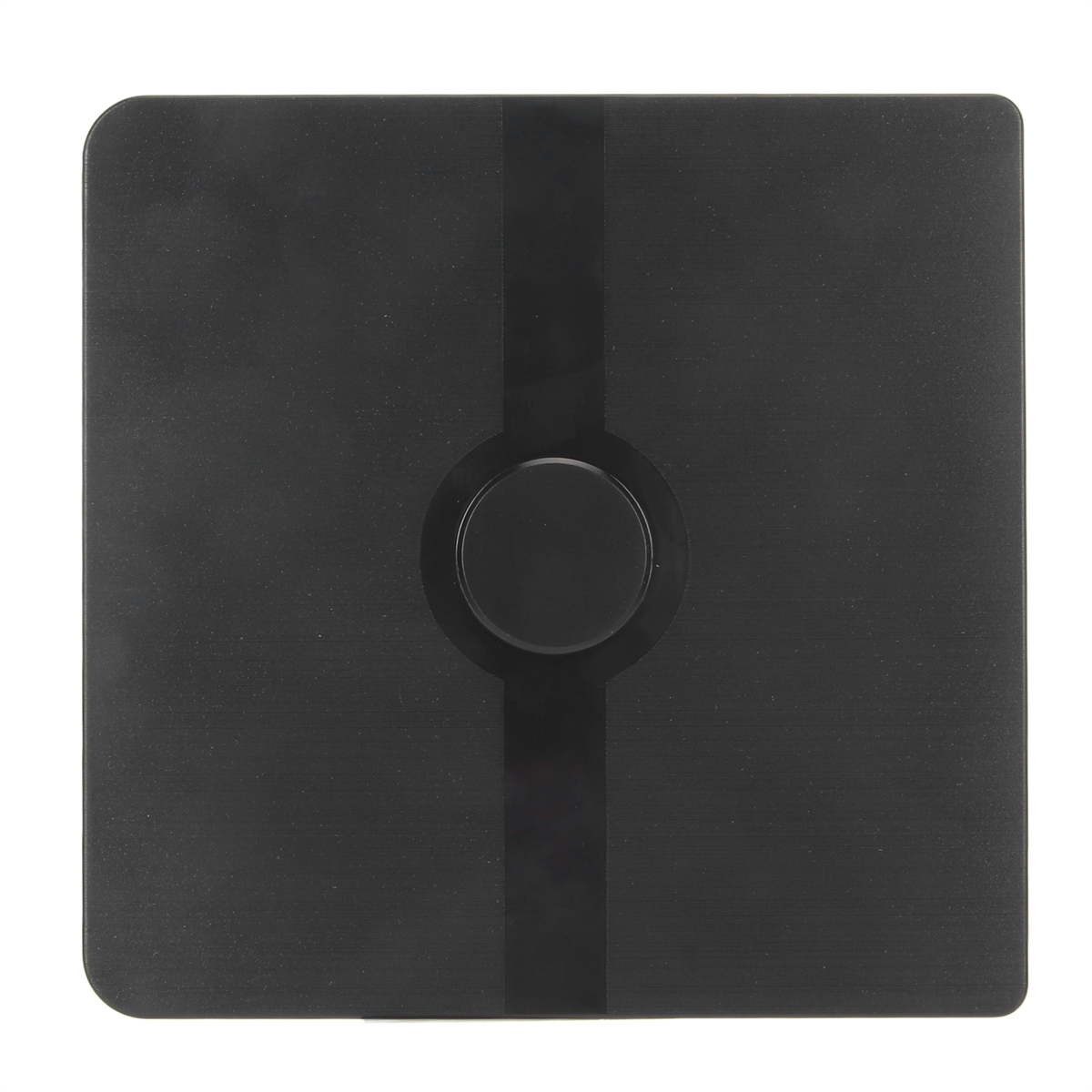 Schwarze, quadratische Smart-Waage mit rundem Knopf und schwarzem Streifen.