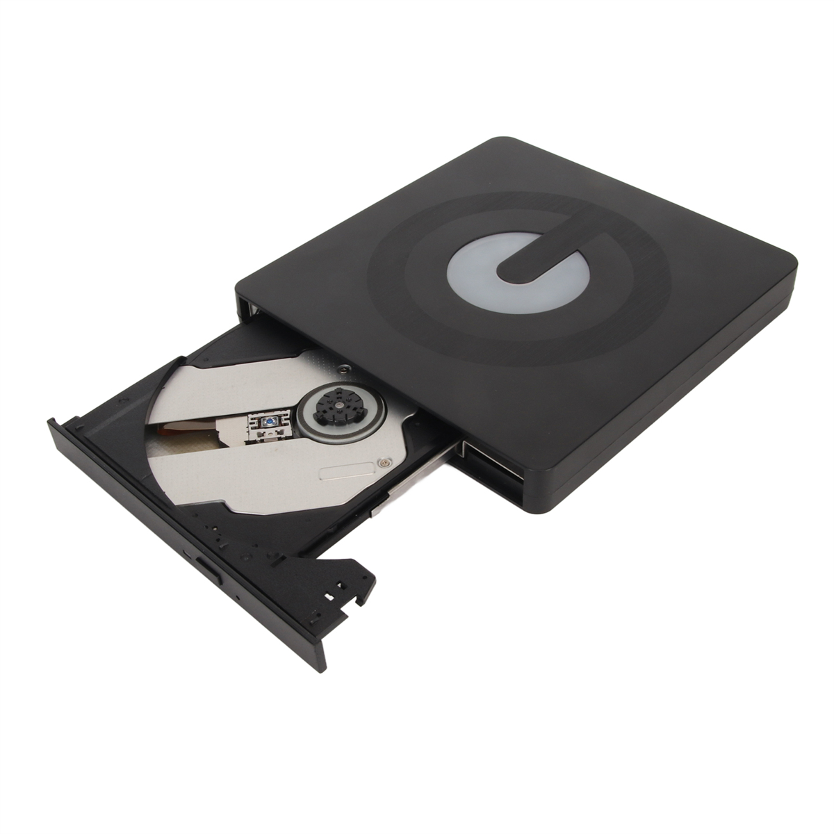Ein schwarzes CD/DVD-Laufwerk mit geöffnetem Fach, das den Disc-Halter im Inneren zeigt.