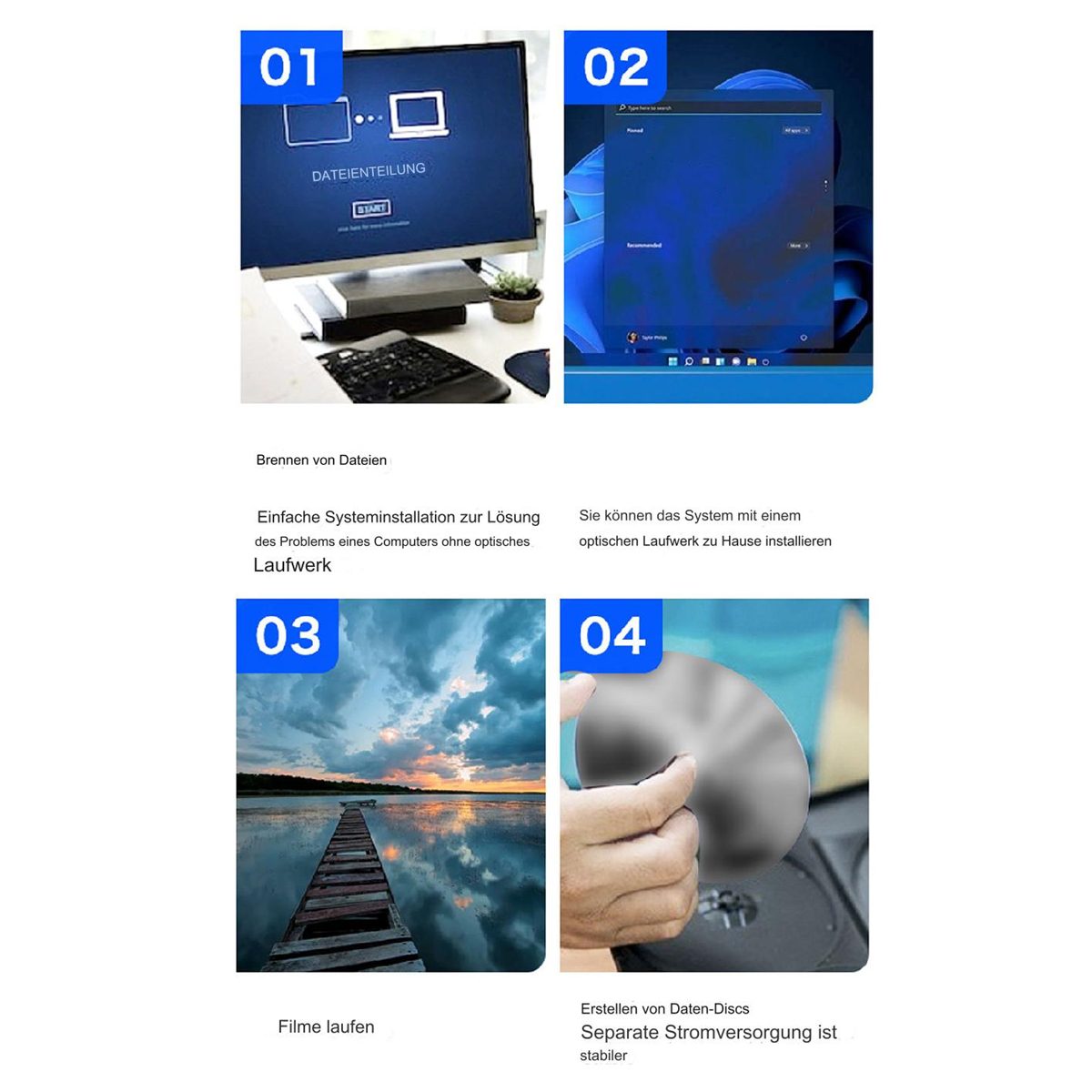 Eine Vier-Bilder-Sequenz, die Computeraufgaben zeigt: Dateiübertragung, Windows-Setup, Seeblick und eine Disc.