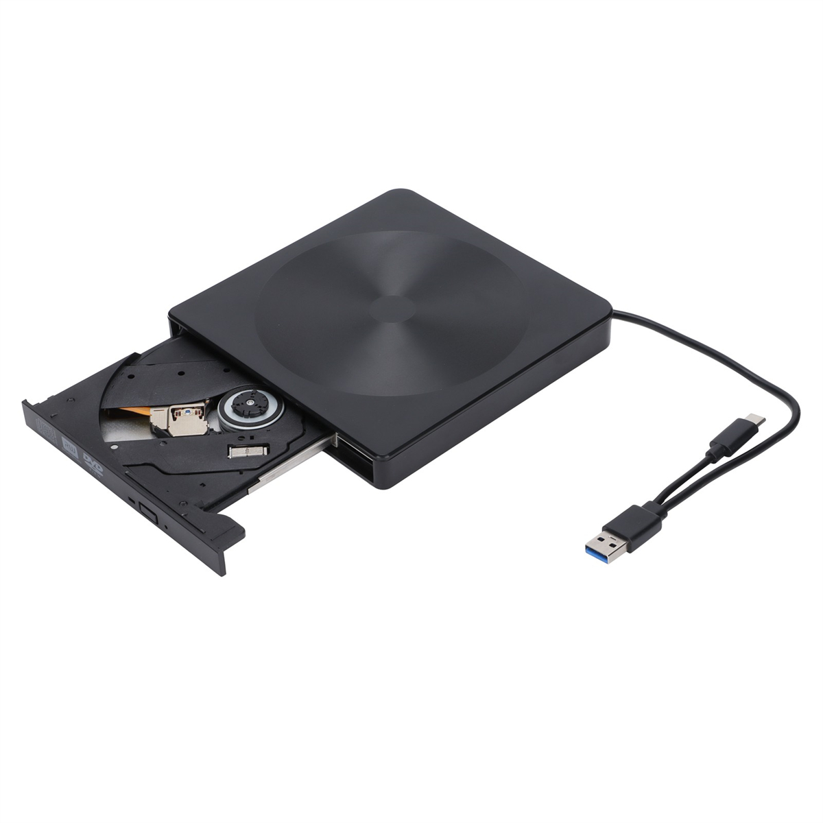 Schwarzes externes CD/DVD-Laufwerk mit offenem Fach, USB-Kabel. Weißer Hintergrund.