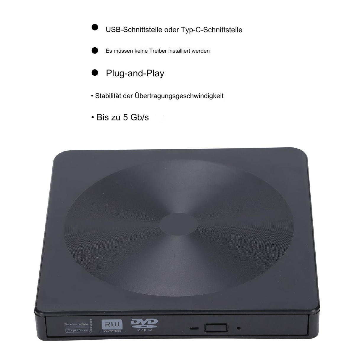 Schwarzes DVD/CD-Laufwerk mit kreisförmiger Metallplatte und Text auf der Vorderseite. Oben befinden sich mehrere Aufzählungspunkte.