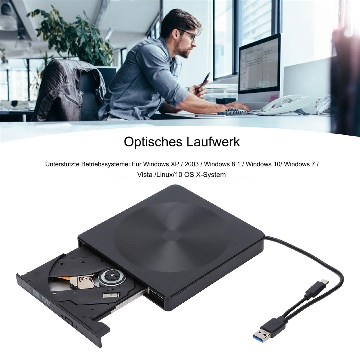 Schwarzes optisches Laufwerk mit offenem Fach, und ein Mann am Computer.