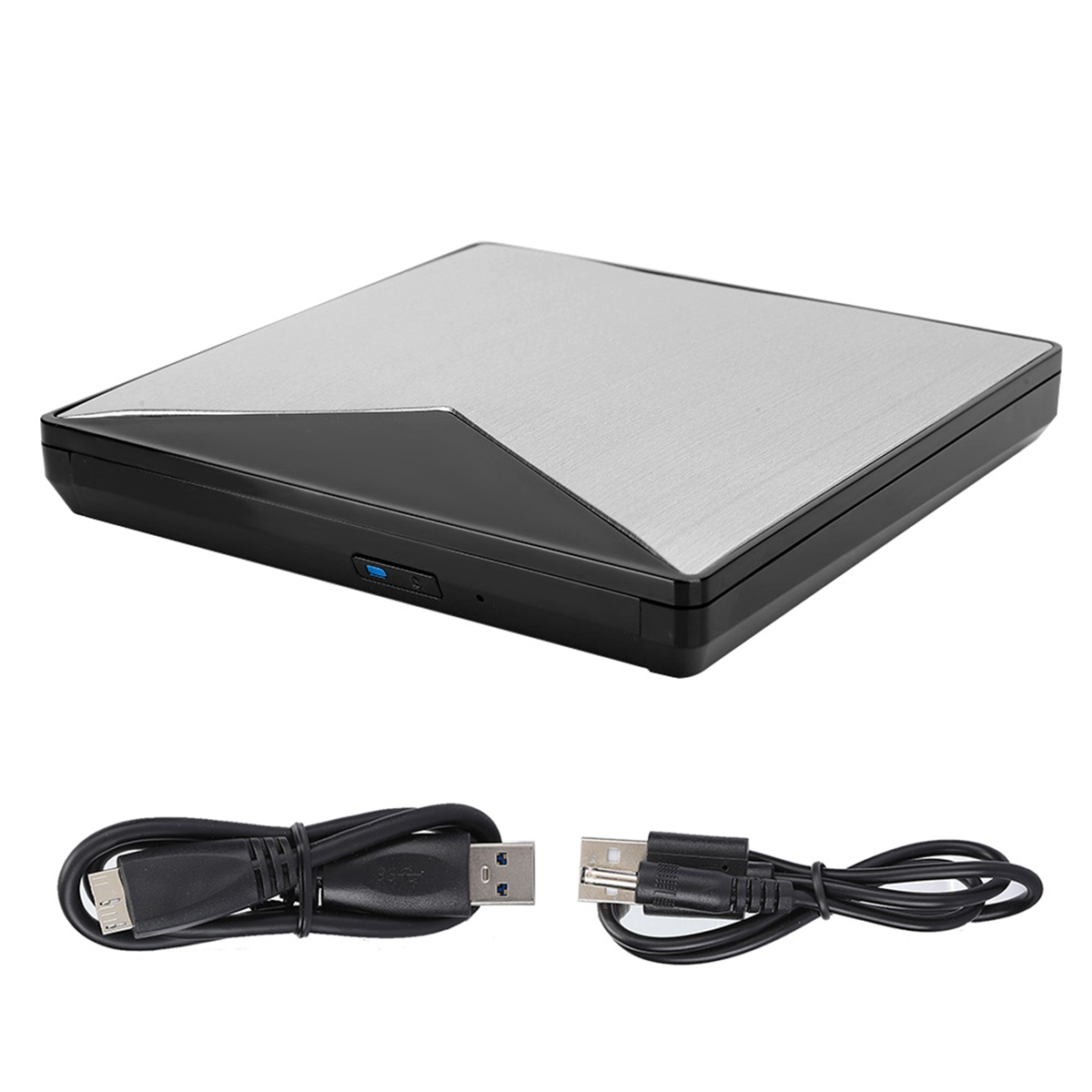 Kompakte silber-schwarze externe Festplatte mit USB-Kabel. Ein weiteres Kabel ist auch gezeigt.