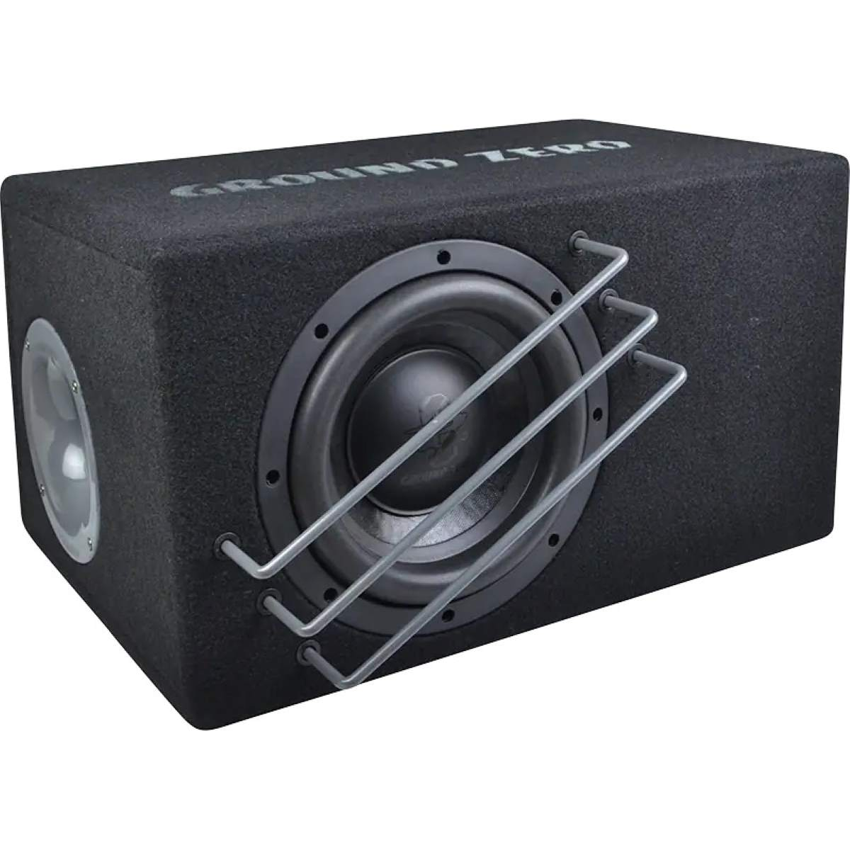Altoparlante subwoofer nero. Ha una griglia argentata e una porta laterale.