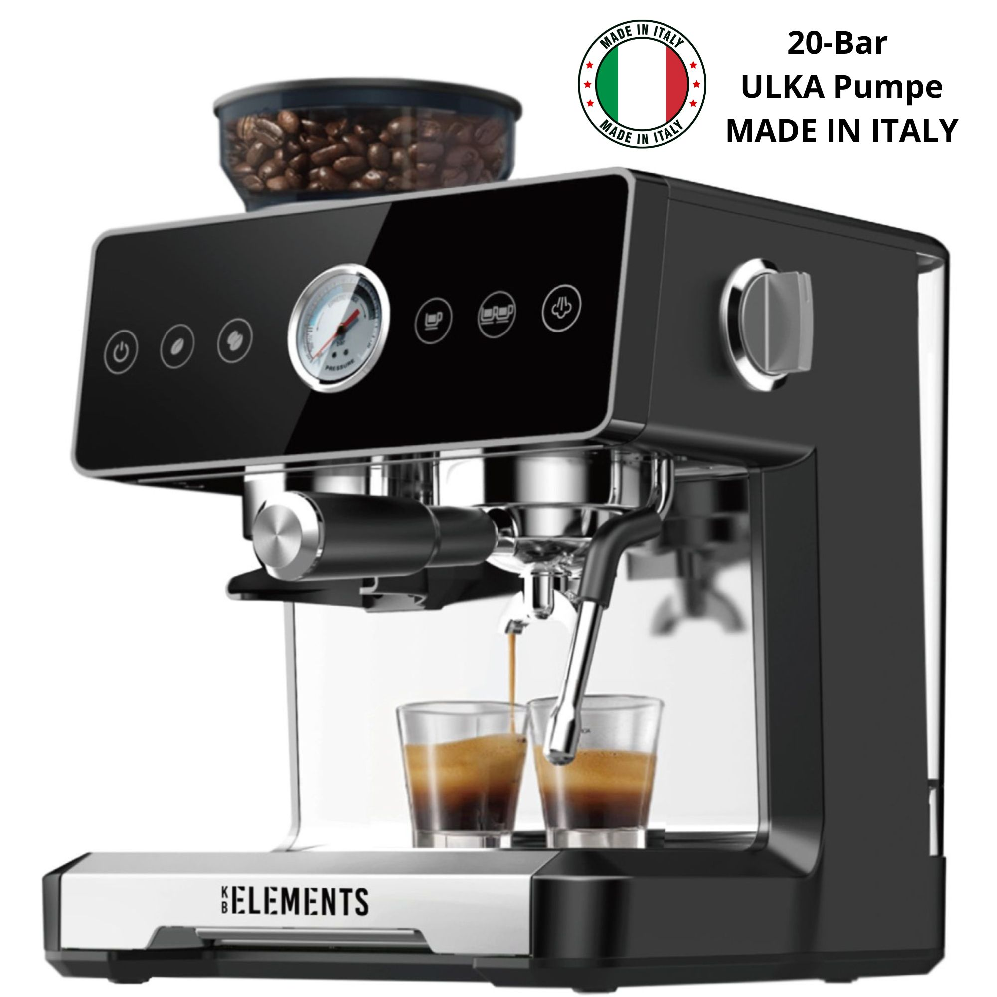 Eine schwarz-silberne Espressomaschine mit einem Kaffeebohnenbehälter und zwei Gläsern mit Kaffee.