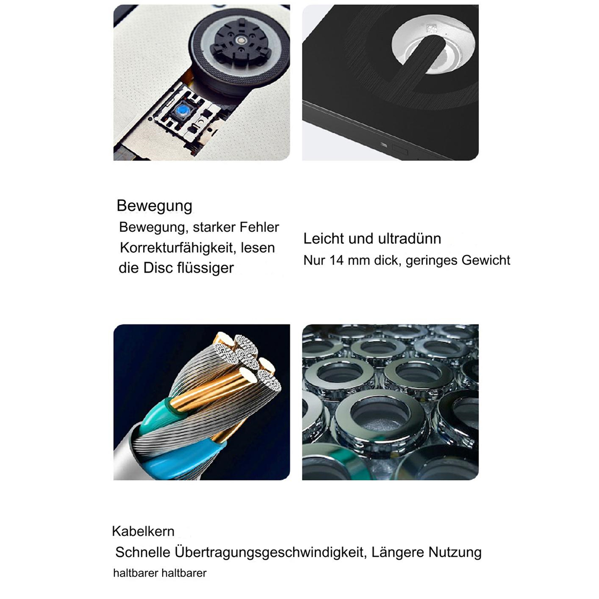 Nahaufnahmen von Komponenten: Laufwerk, Kabel und Metallteile, mit deutschem Text, der sie beschreibt.